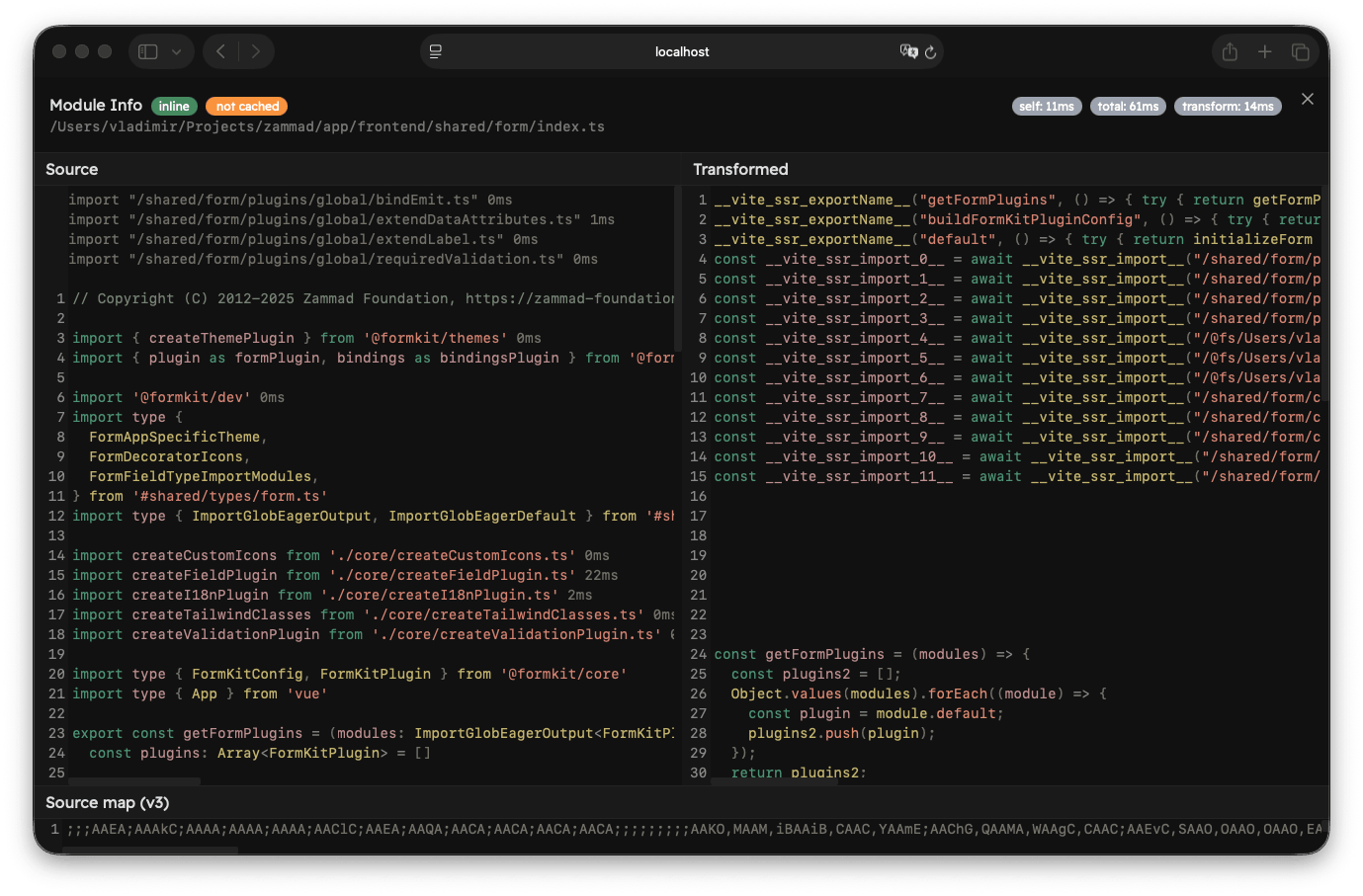 The module info view for an internal module